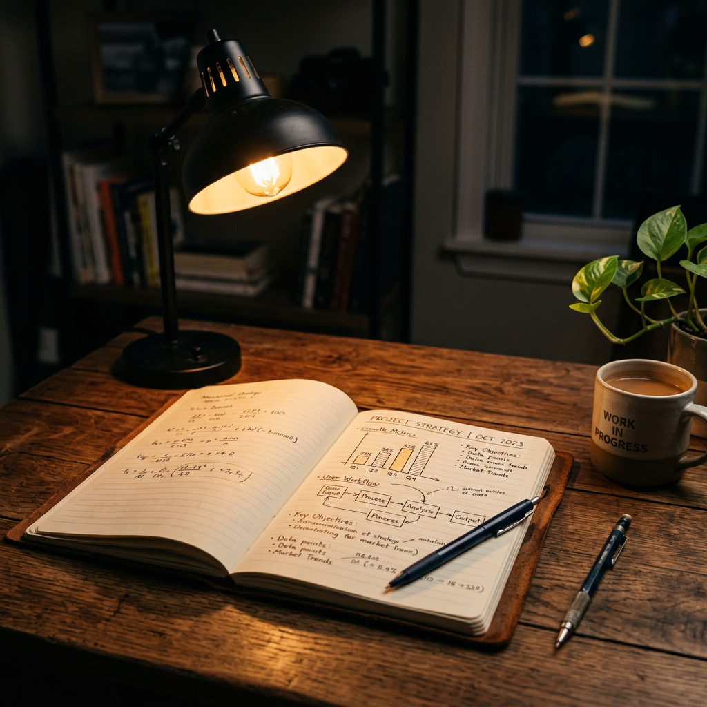 Notebook open to project strategy notes and charts under desk lamp light with coffee mug